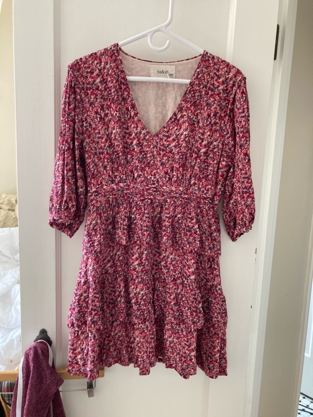 ba&sh Pink Multi Floral V-Neck Tiered Dress